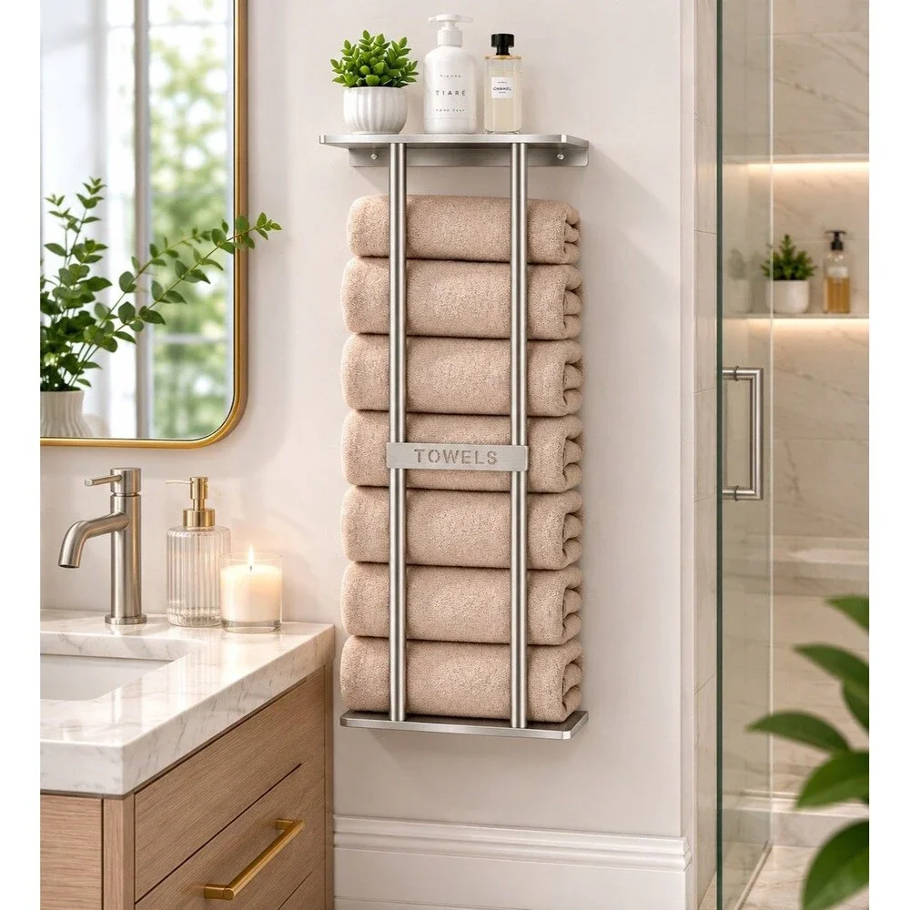 Bathroom Rolled Towel Rack Storage Wall Mounted 30 inch Space Saving Storage NEW